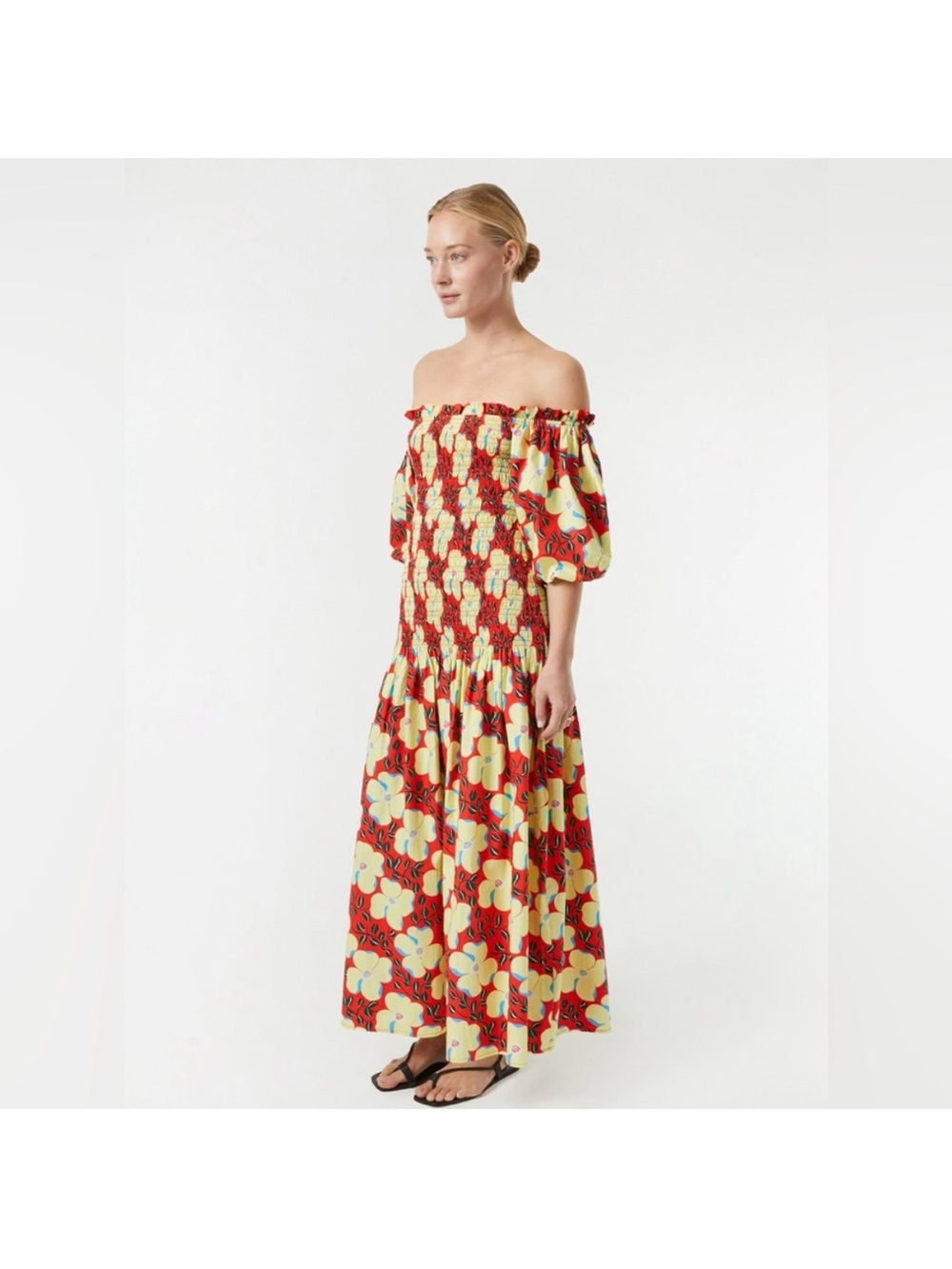 RHODE NWT Off-Shoulder Floral Maxi Dress in Red and Yellow